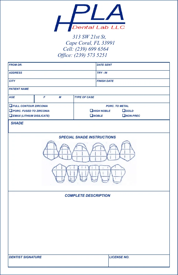 Preview of HPLA Dental Lab's original dentist prescription form